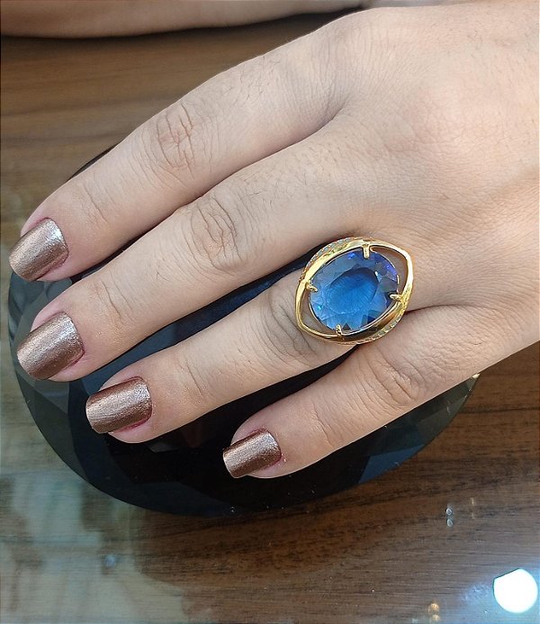 Anel Banhado a ouro 18k de Zircônia Azul Safira
