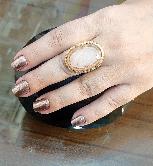 Anel Banhado a ouro 18k de Quartzo Rosa Natural