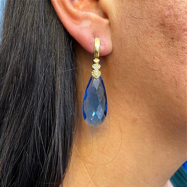 Brinco Banhado a ouro 18k de Zircônia Azul Safira 06.