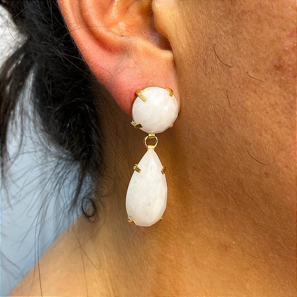 Brinco Banhado a ouro 18k de Quartzo Branco 030.