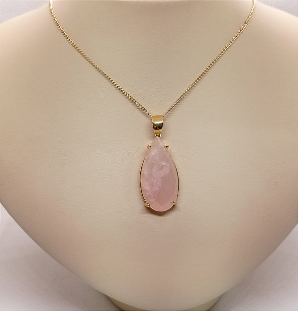 Pingente Banhado a ouro 18k de Pedra Quartzo Rosa Natural.