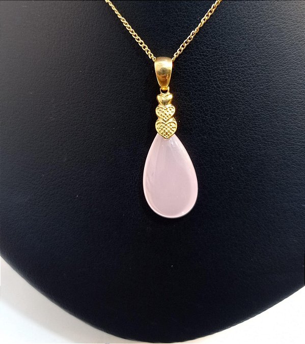 Pingente Banhado a ouro 18k de Pedra Quartzo Rosa Leitosa.