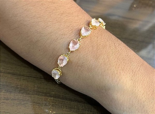 Pulseira Banhada a ouro 18k de Quartzo Rosa.