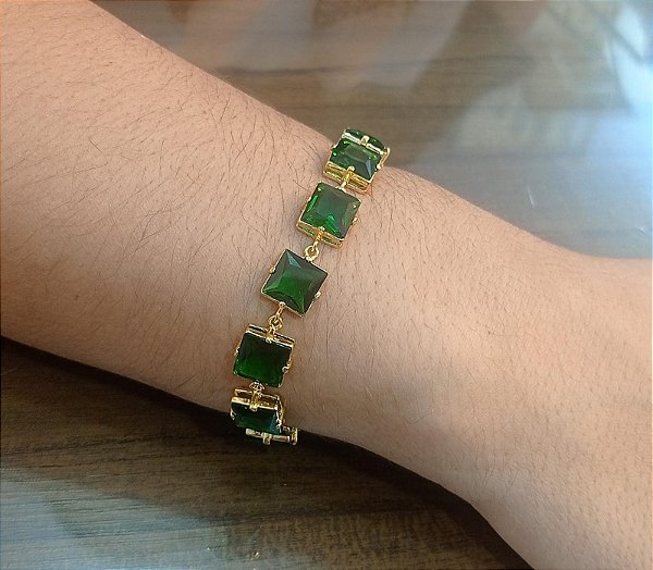 Pulseira Banhada a ouro 18k de Zircônia Verde Esmeralda.