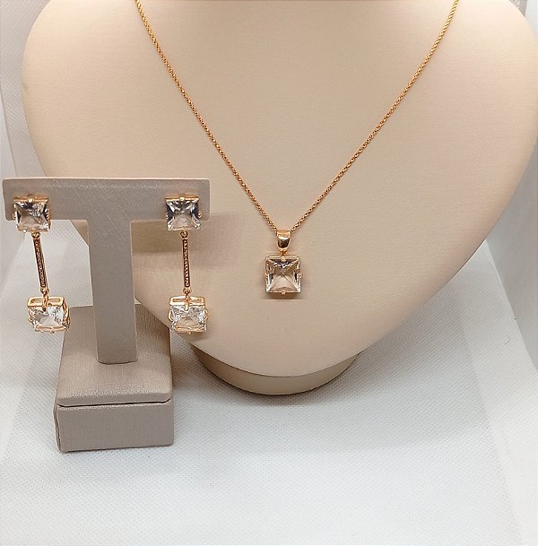 Colar E Brinco Banhado a ouro 18k De Pedra Cristal Princípe