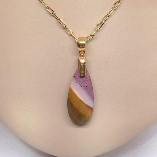 Pingente Banhado à ouro 18 K de Pedra Jaspe Mokaita.