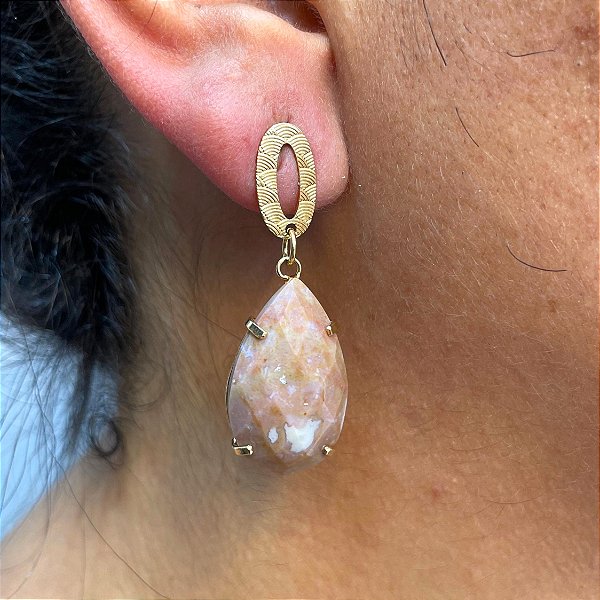Brinco Banhado a ouro 18k de Quartzo Goiaba 050.