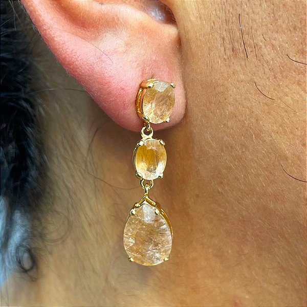 Brinco Banhado a ouro 18k de Quartzo Rutilo Dourado 052.