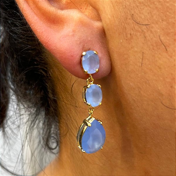 Brinco Banhado a ouro 18k de Calcedônia Azul 054.