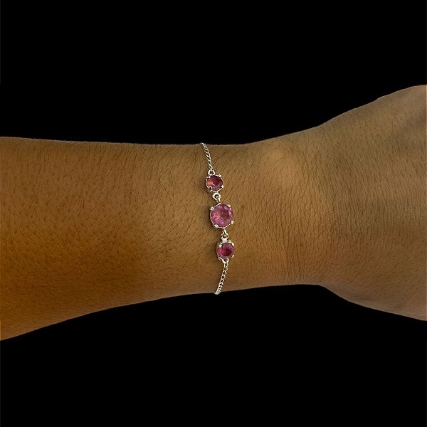 Pulseira De Prata 925 Com 3 pedras redondas de Turmalina Rosa.
