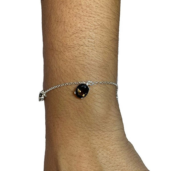 Pulseira De Prata 925 Com 3 pedras ovais de Quartzo Fumê.