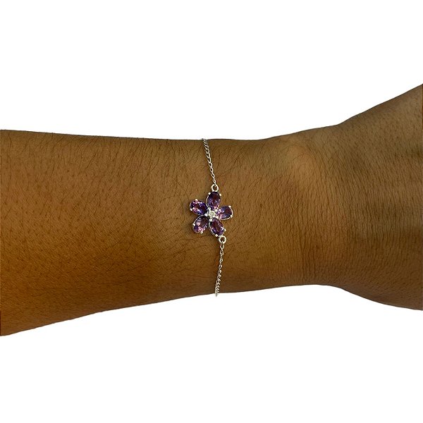 Pulseira De Prata 925 Formato Flor de Ametista.