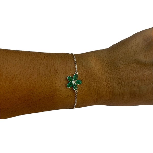 Pulseira De Prata 925 Formato Flor de Esmeralda.