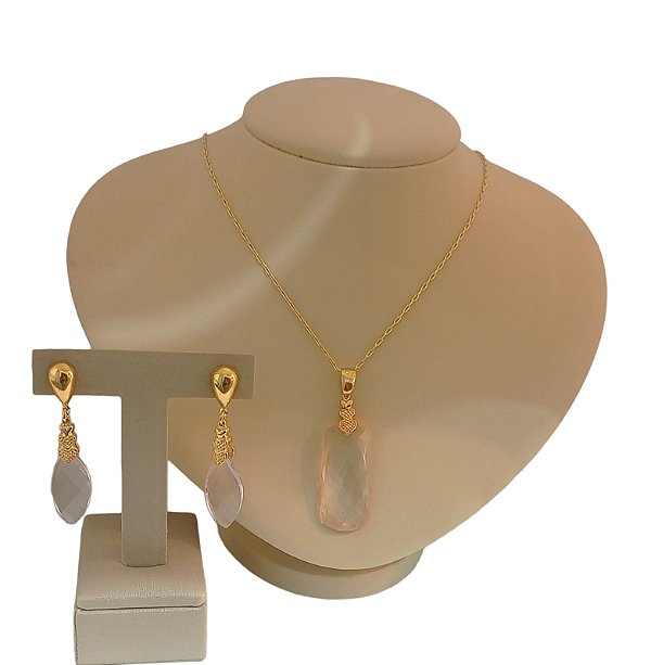 Colar E Brinco Banhado A Ouro 18k De Quartzo Rosa ML3
