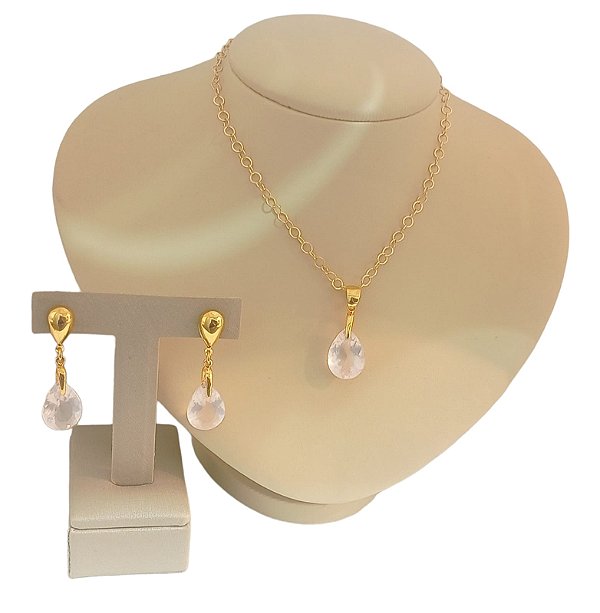 Colar E Brinco Banhado A Ouro 18k De Quartzo Rosa ML6