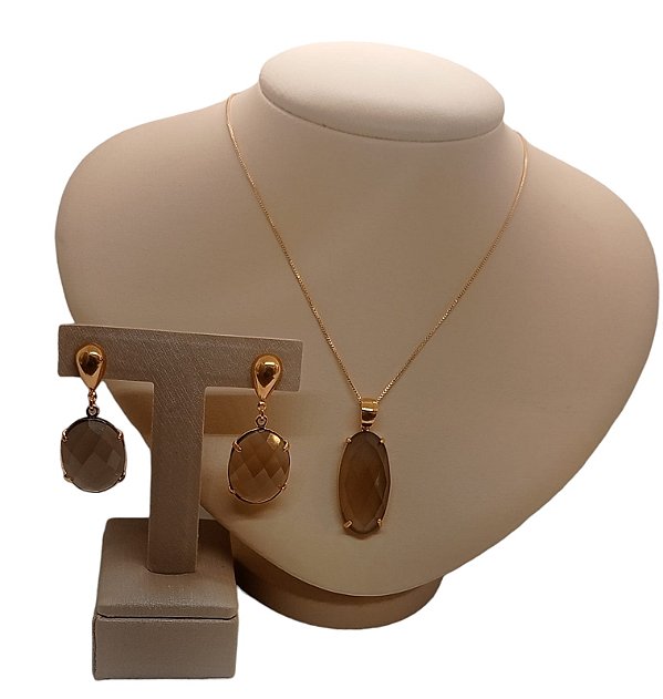 Colar E Brinco Banhado A Ouro 18k De Quartzo Fumê ML8
