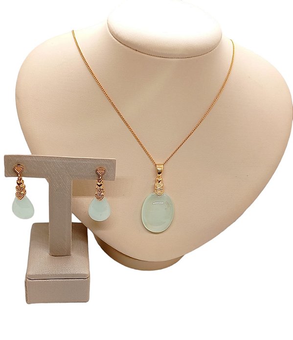Colar E Brinco Banhado A Ouro 18k De Água Marinha ML10