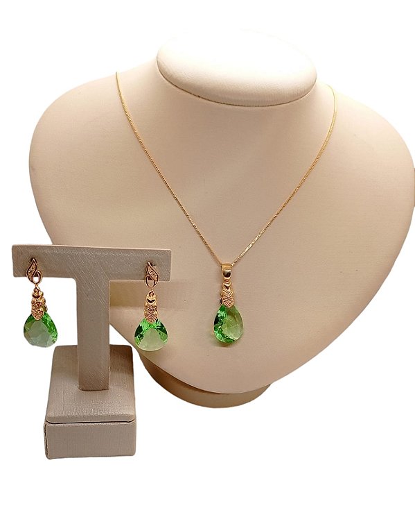 Colar E Brinco Banhado A Ouro 18k De Zircônia Verde ML12