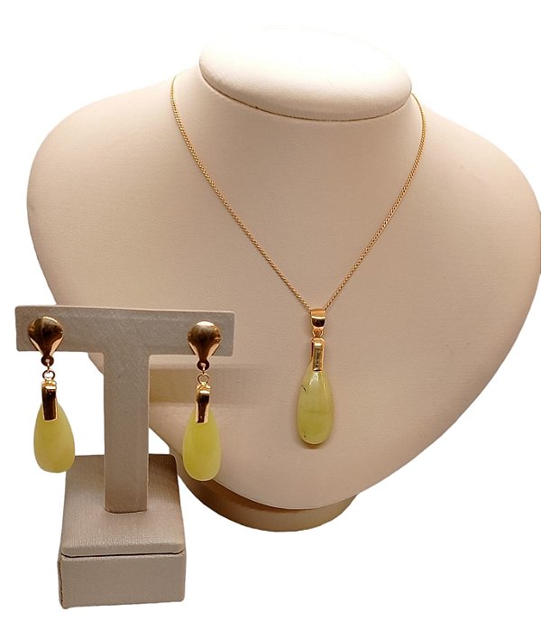 Colar E Brinco Banhado A Ouro 18k De Quartzo Limão ML13