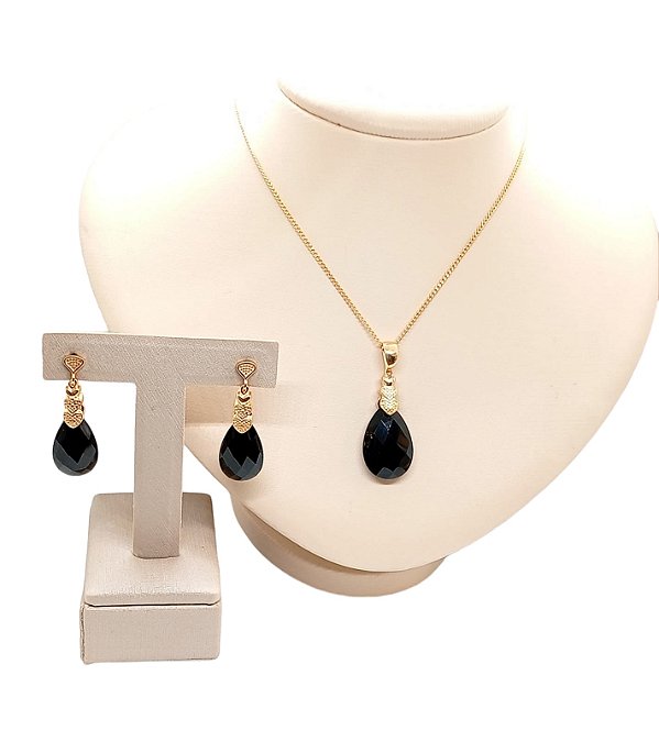 Colar E Brinco Banhado A Ouro 18k De Ônix ML15