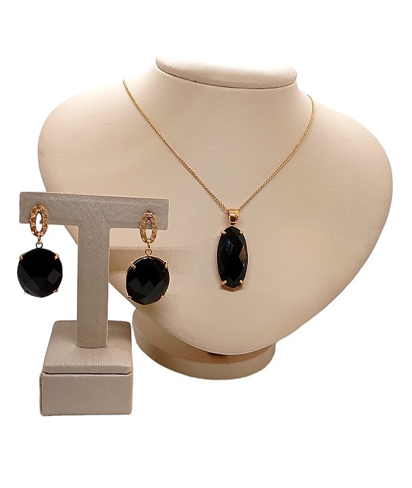 Colar E Brinco Banhado A Ouro 18k De Ônix ML19