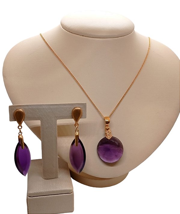 Colar E Brinco Banhado A Ouro 18k De Zircônia Roxa ML21