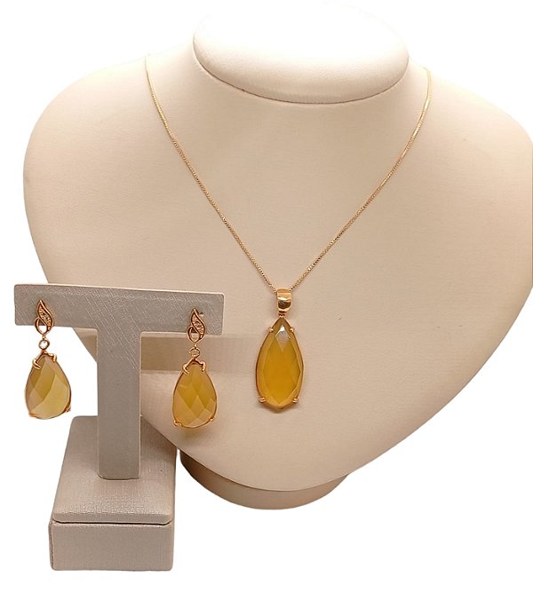 Colar E Brinco Banhado A Ouro 18k De Citrino ML24
