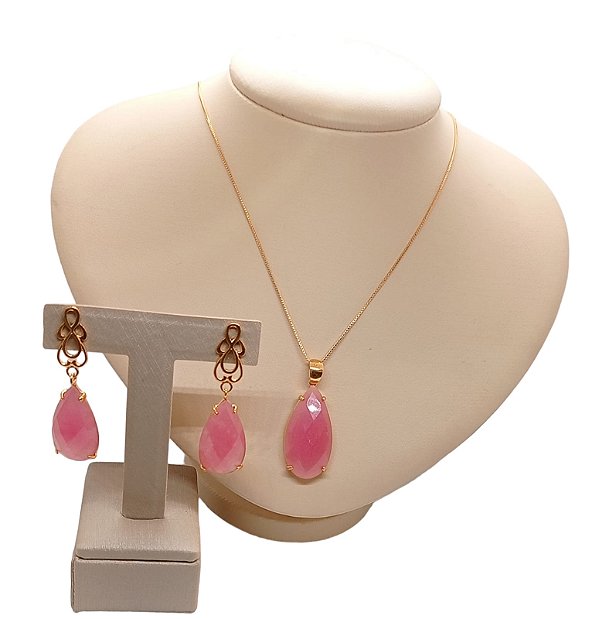 Colar E Brinco Banhado A Ouro 18k De Quartzo Goiaba ML26