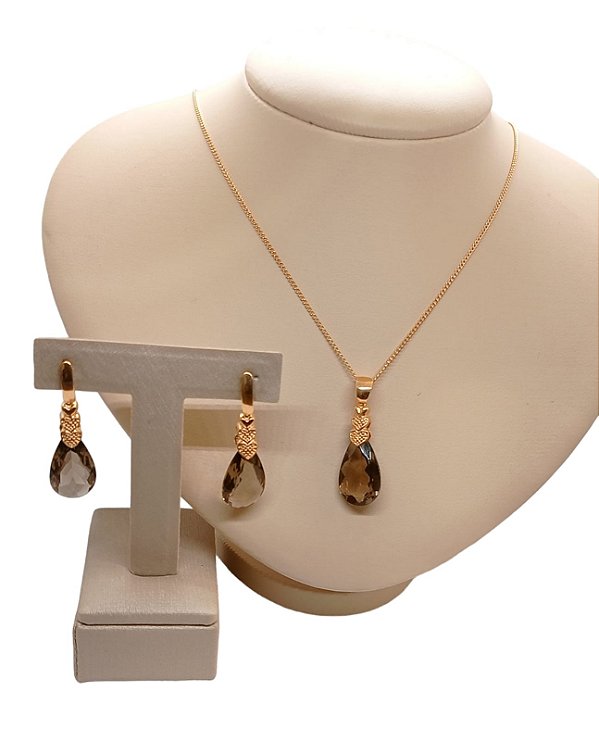 Colar E Brinco Banhado A Ouro 18k De Quartzo Fumê ML27