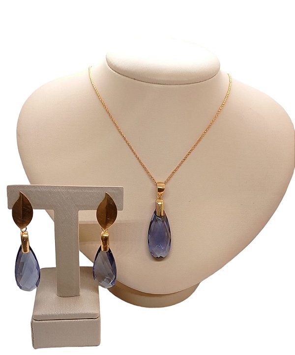 Colar E Brinco Banhado A Ouro 18k De Zircônia Roxa ML31