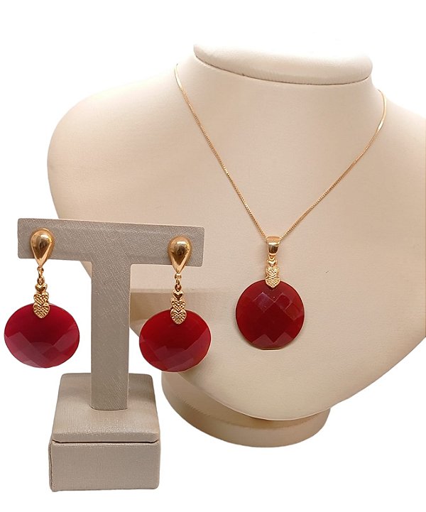 Colar E Brinco Banhado A Ouro 18k De Zircônia Vermelha ML32