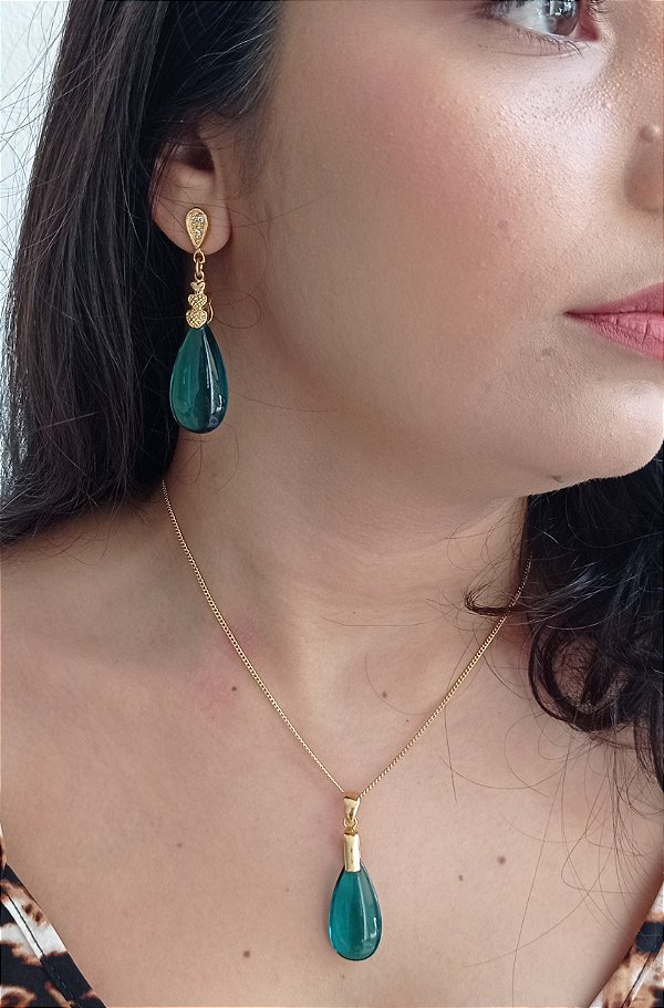 Conjunto Banhado A Ouro 18k De Zircônia Azul Esverdeado ML36