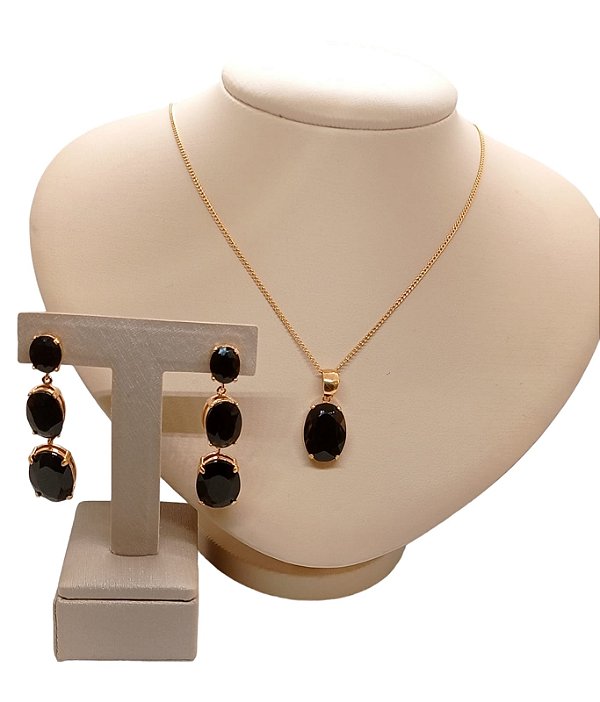 Colar e Brinco Banhado A Ouro 18k De Ônix ML28
