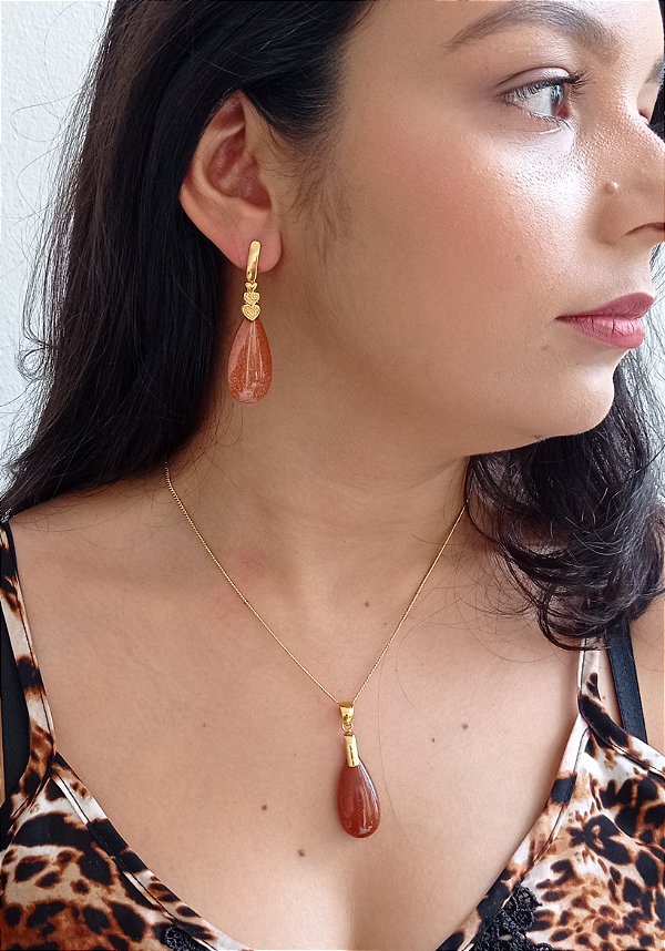 Colar E Brinco banhado A Ouro 18k De Pedra Do Sol ML43