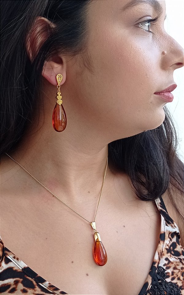 Colar E Brinco Banhado A Ouro 18k De Citrino Madeira ML44