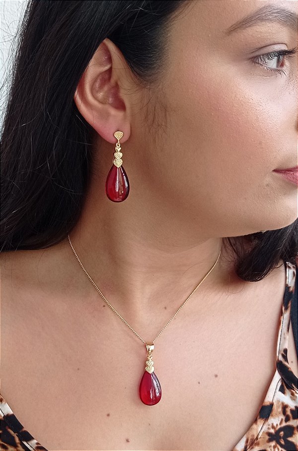 Colar E Brinco Banhado A Ouro 18k De Zircônia Vermelha ML46