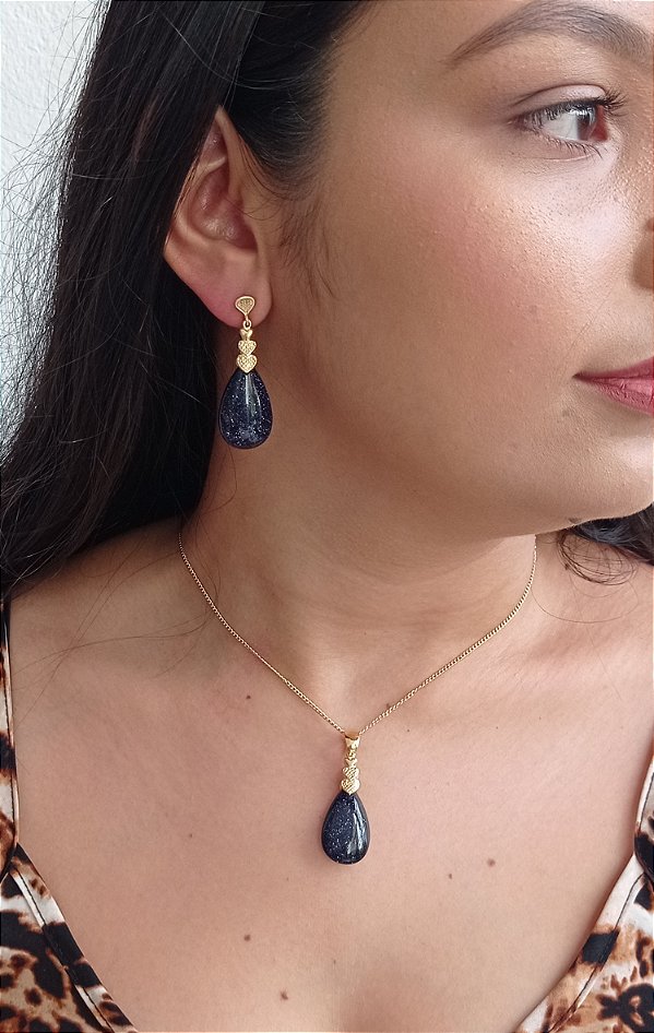 Colar E Brinco Banhado A Ouro 18k De Pedra Estrela ML48