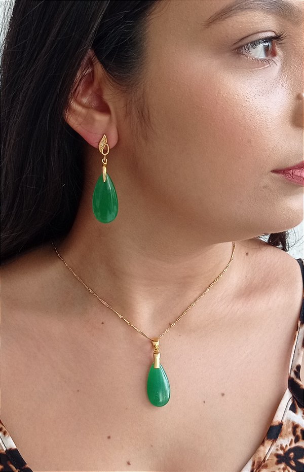 Colar E Brinco Banhado A Ouro 18k De Frizita Verde Claro ML49