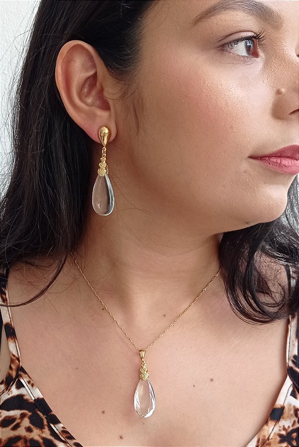 Colar E Brinco banhado Ouro 18k De Cristal Transparente ML50