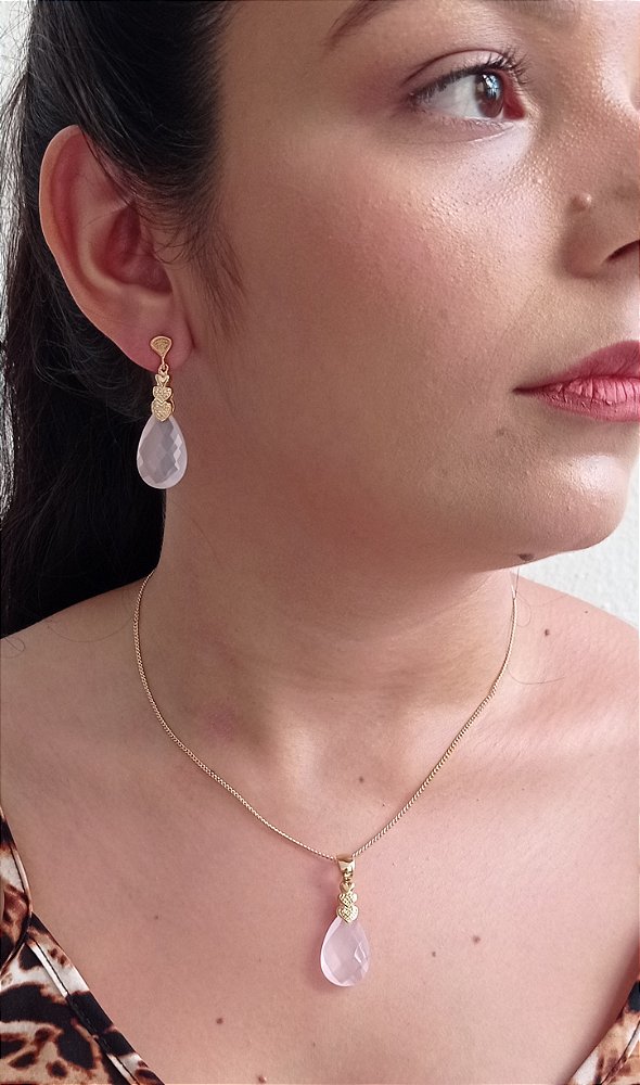 Colar E Brinco Banhado Ouro 18k De Quartzo Rosa Briolet ML52