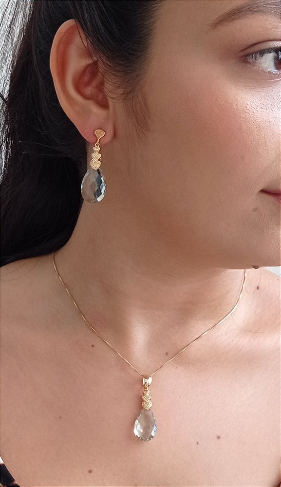 Colar E Brinco Banhado A Ouro 18k De Prasiolita Briolet 53