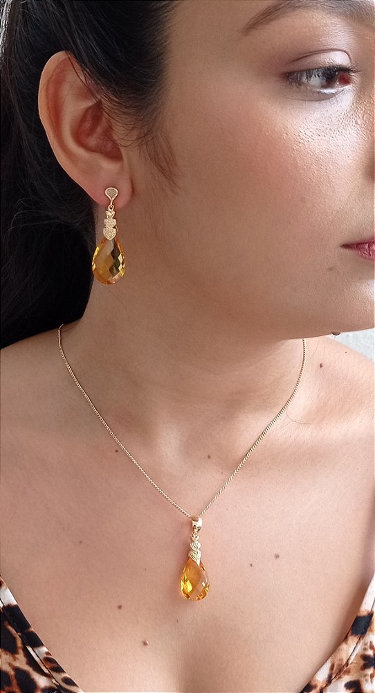 Colar E Brinco Banhado A Ouro 18k De Citrino Briolet ML54