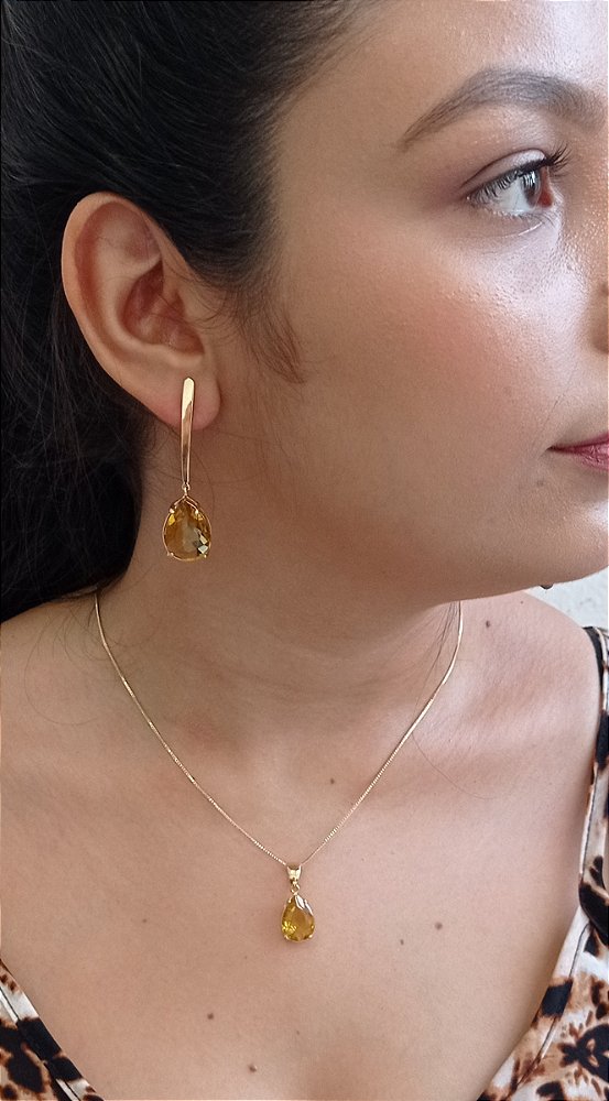 Colar E Brinco Banhado A Ouro 18k De Citrino Amarelo ML59
