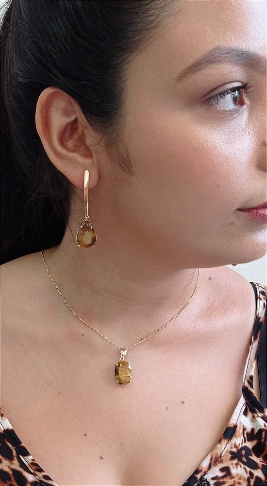 Colar E Brinco Banhado A Ouro 18k De Olho De Tigre ML61