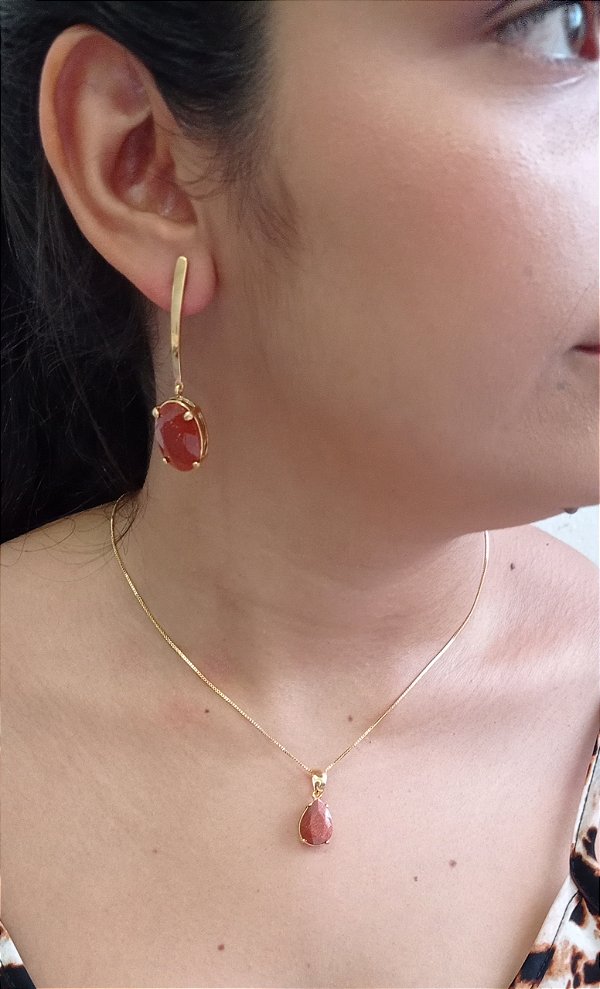 Colar E Brinco Banhado A Ouro 18k De Pedra Do Sol ML63