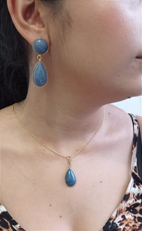 Colar E Brinco Banhado A Ouro 18k De Quartzo Azul Jeans ML66
