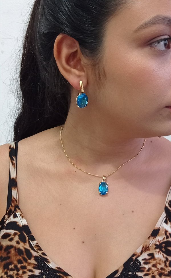 Colar E Brinco Banhado A Ouro 18k De Zircônia Azul Sky ML69