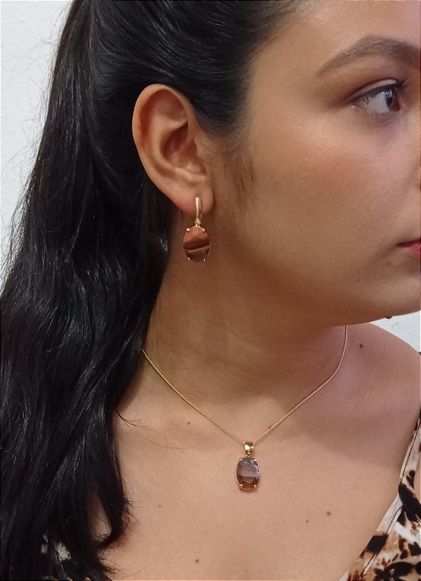 Colar E Brinco Banhado A Ouro 18k De Jaspe Policromo 70