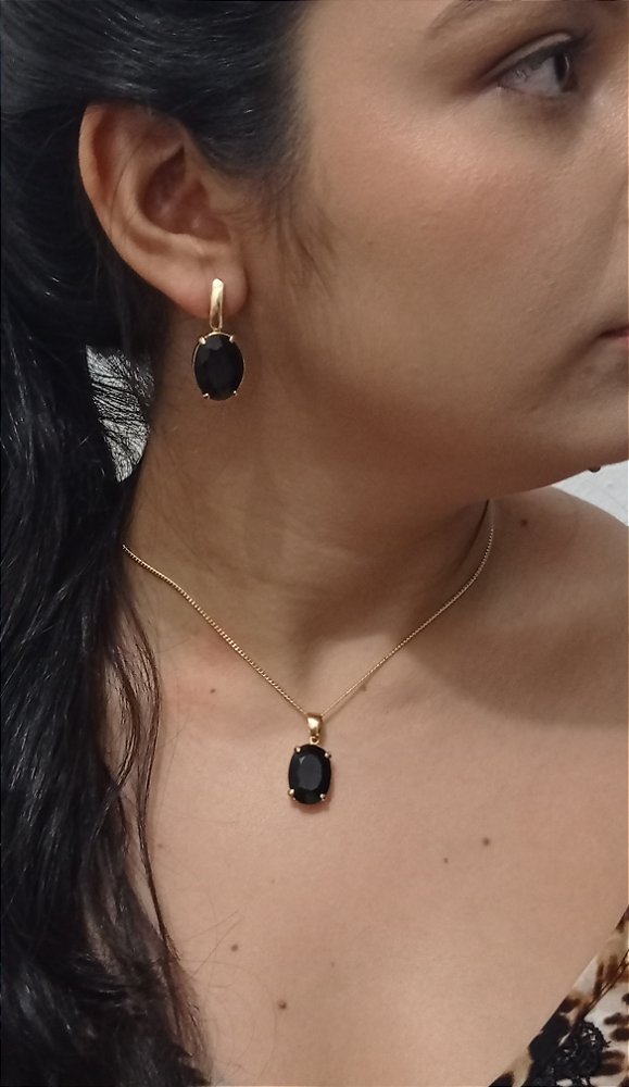 Colar E Brinco Banhado A Ouro 18k De Ônix Preto ML72