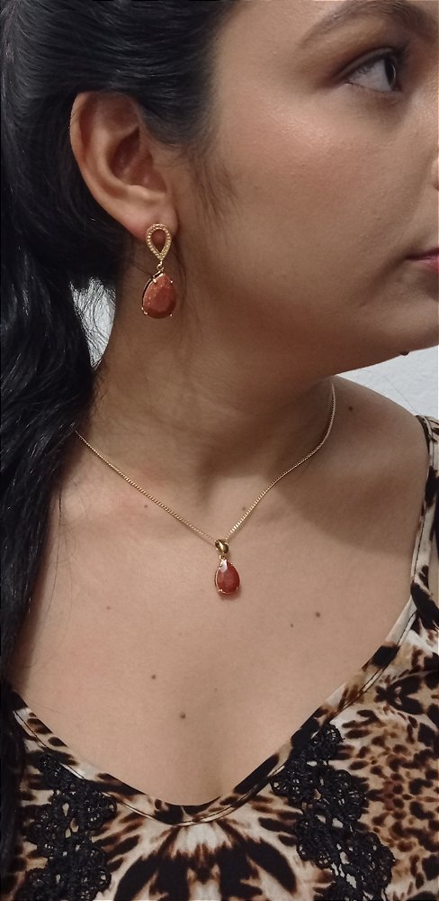 Colar E Brinco Banhado A Ouro 18k De Pedra Do Sol ML75